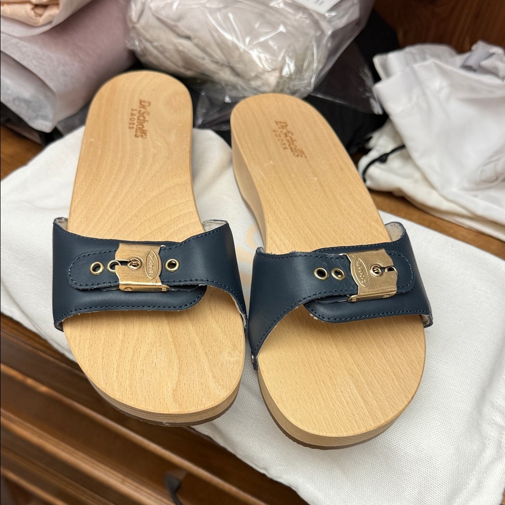 Dr. Scholl's Dark Blue Mules with Gold Buckle